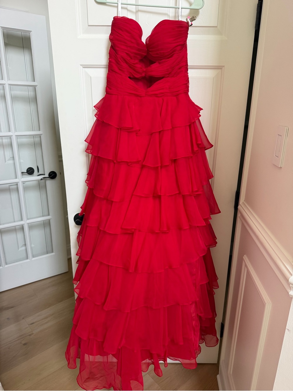 Strapless Red Tiered Ruffle Prom Gown